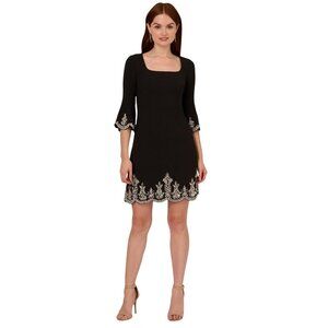 NWT Adrianna Papell Womens Beaded Square Neck A-Line Dress AP1E211500 Black 14